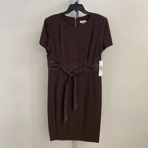 New Calvin Klein Women's Brown Crepe Short Sheath Dress with Faux Leather Belt